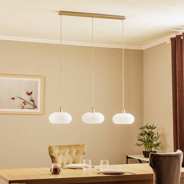 Lucande závěsné svítidlo Sharvil, 3 světla, bílá, sklo, 97 cm, stmívatelný, Bílá / opál, Obývací pokoj / jídelna, Sklo, Design