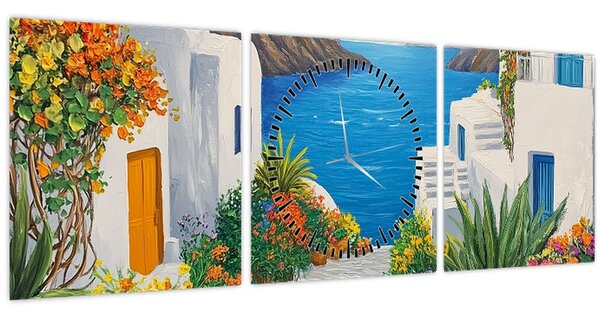 Obraz - Řecká ulička (s hodinami) (90x30 cm)