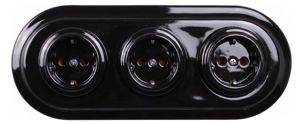 Elhard - Trojitá keramická retro zásuvka domovní s rámečkem SCHUKO 230V černá