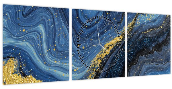 Obraz -Modro-zlatá abstrakce (s hodinami) (90x30 cm)