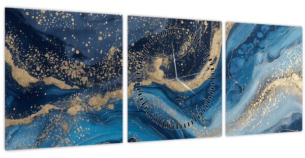 Obraz - Modrozlatý abstraktní mramor (s hodinami) (90x30 cm)