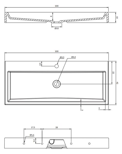 Omnires M+ umyvadlo 100x42 cm obdélníkový klasický-na pult bílá THASOS1000BP