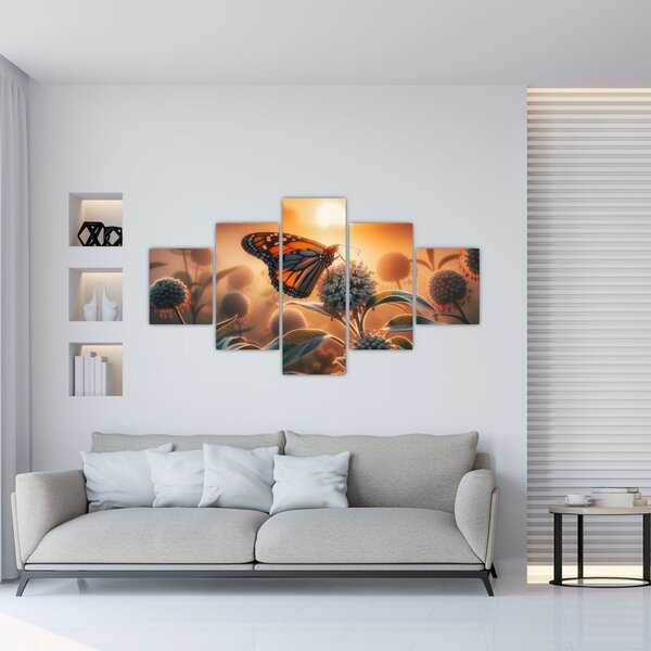 Obraz - Motýl v zapadajícím slunci (125x70 cm)