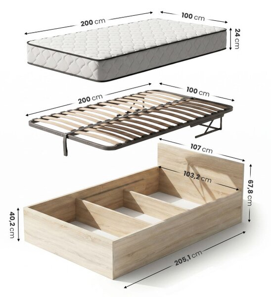 Jednolůžková postel se zvedacím roštem a matrací 100x200 cm dub sonoma