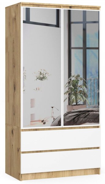 Šatní skříň se zrcadlem S90 2D2SZ - dub artisan/bílá