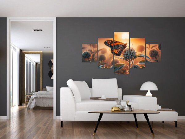 Obraz - Motýl v zapadajícím slunci (125x70 cm)