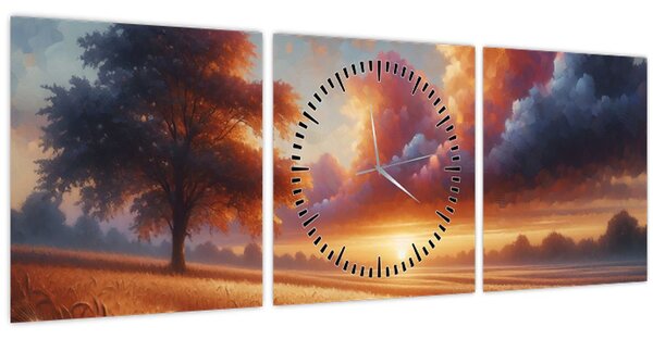 Obraz - Západ slunce v poli (s hodinami) (90x30 cm)
