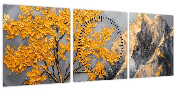 Obraz - Zlatý strom v horách (s hodinami) (90x30 cm)