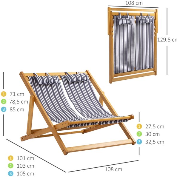 Outsunny Skládací zahradní lehátko pro 2 osoby, nastavitelné, nosnost 200 kg, teak/šedo-bílé, 108 x 105 x 85 cm 84B-727