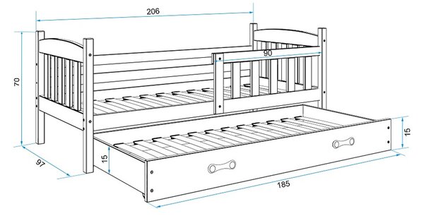 Dětská postel KUBUS s výsuvnou postelí 90x200 cm - borovice Zelená