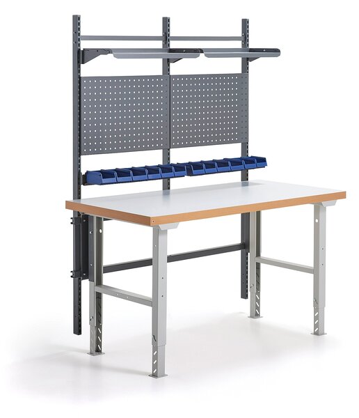 AJ Produkty Dílenský stůl SOLID, s panelem na nářadí, boxy a policemi, 1500x800 mm, lamino