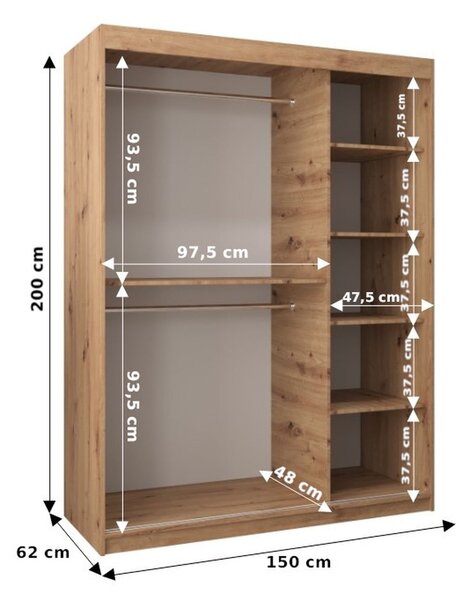 Šatní skříň se zrcadly TATANA - šířka 150 cm, bílá / černá