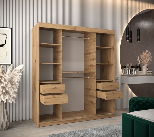 Šatní skříň se zrcadlem EWEHEDVIKA - šířka 180 cm, dub artisan / bílá