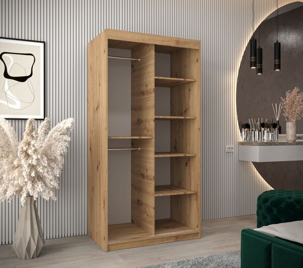 Šatní skříň se zrcadlem EVA - šířka 100 cm, dub artisan