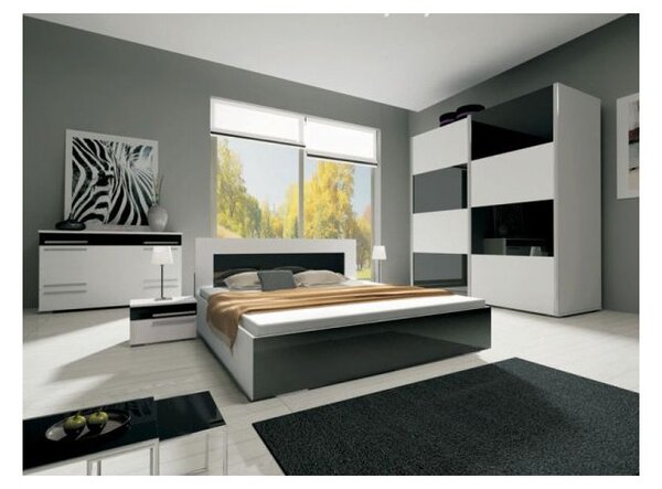 Manželská postel HENRIETA - 160x200, bílá / černý lesk