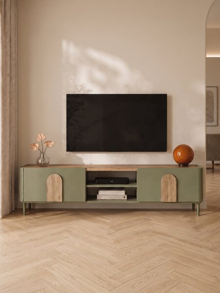 TV stolek Amilio 220 cm na nožkách - eukalyptus / dub baltic dune / úchytky dub přírodní