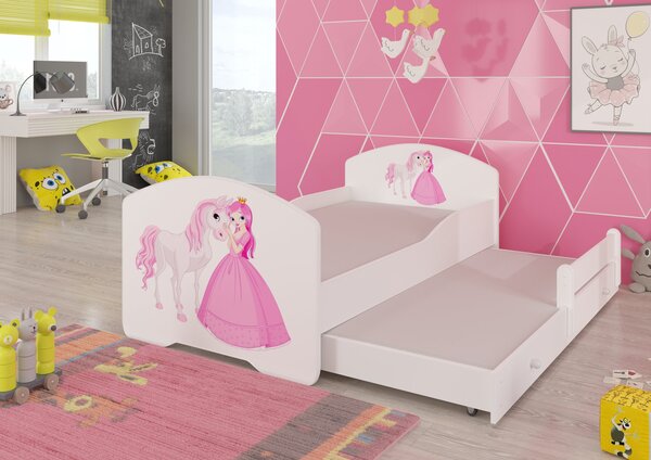Rozkládací dětská postel 160x80 cm BAKRIA - bílá / princezna s koněm