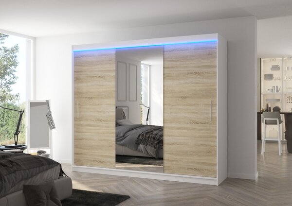 Velká šatní skříň se zrcadlem a LED osvětlením GABRIS - bílá / dub sonoma