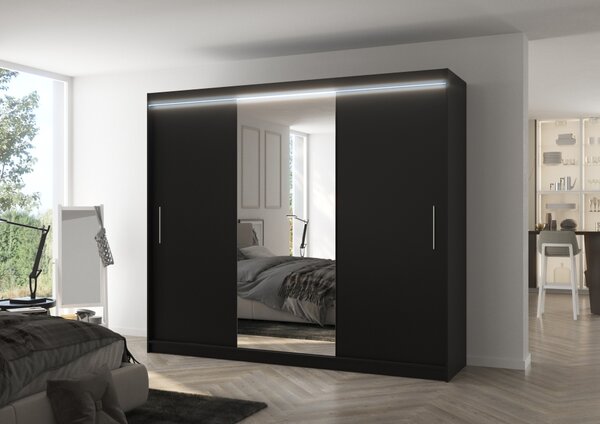 Velká šatní skříň se zrcadlem a LED osvětlením GABRIS - černá