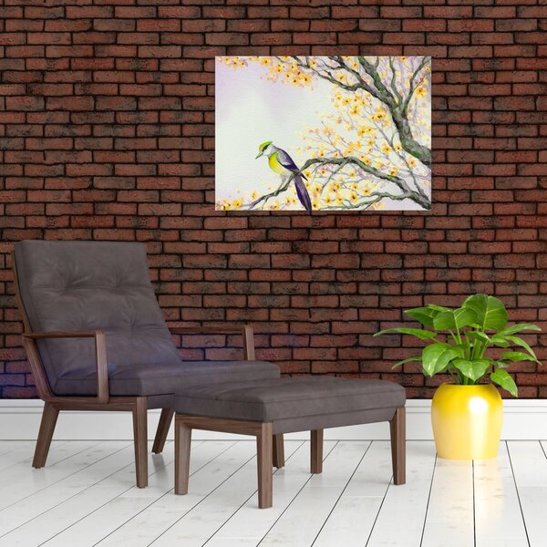Obraz - Akvarelový ptáček na stromě (70x50 cm)