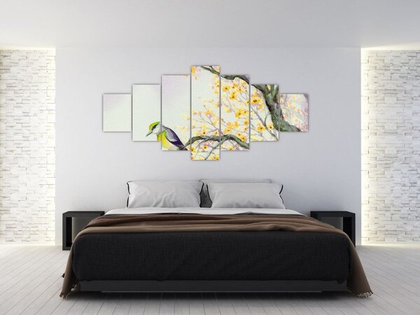 Obraz - Akvarelový ptáček na stromě (210x100 cm)