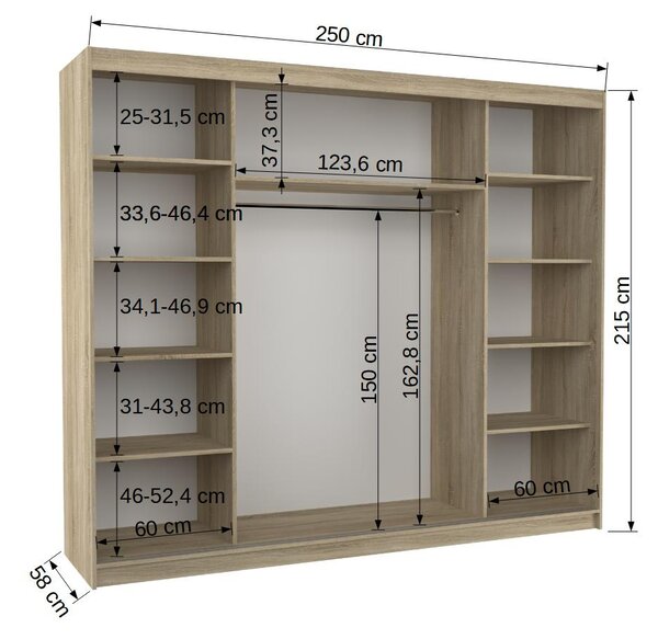 Velká skříň se zrcadlem 250 cm DAMRIS - dub sonoma