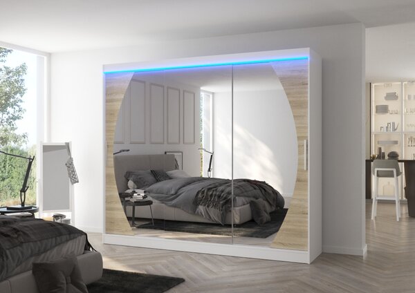 Velká zrcadlová skříň 250 cm s LED osvětlením DANIA - bílá / dub sonoma