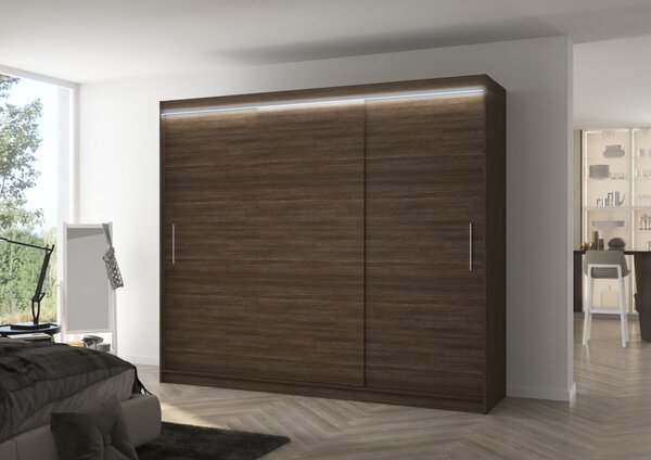 Velká šatní skříň 250 cm s LED osvětlením GADRIS - tmavě hnědá