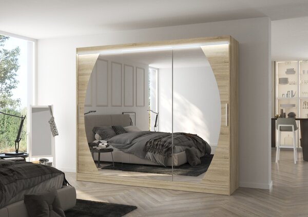 Velká zrcadlová skříň 250 cm s LED osvětlením DANIA - dub sonoma