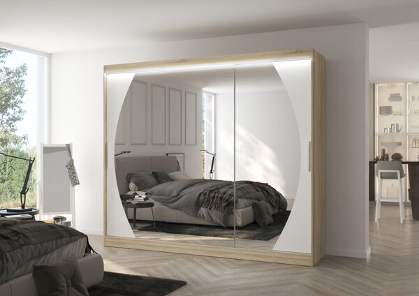 Velká zrcadlová skříň 250 cm s LED osvětlením DANIA - dub sonoma / bílá