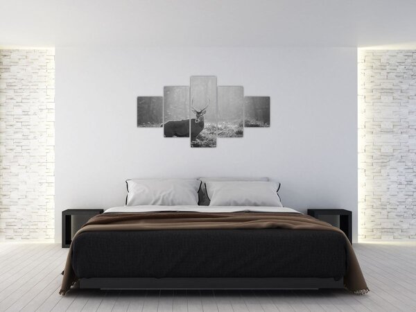 Obraz - Jelen v lese, černobílá (125x70 cm)