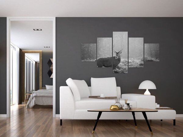 Obraz - Jelen v lese, černobílá (125x70 cm)
