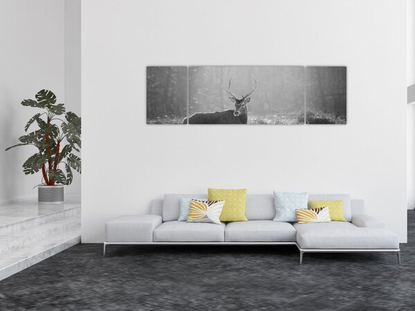 Obraz - Jelen v lese, černobílá (170x50 cm)