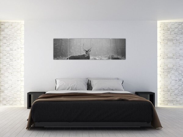 Obraz - Jelen v lese, černobílá (170x50 cm)