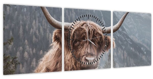 Obraz - Highlander kráva (s hodinami) (90x30 cm)