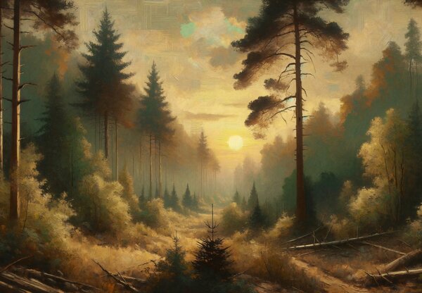 Fototapeta - Slunce zářící lesem (245x170 cm)