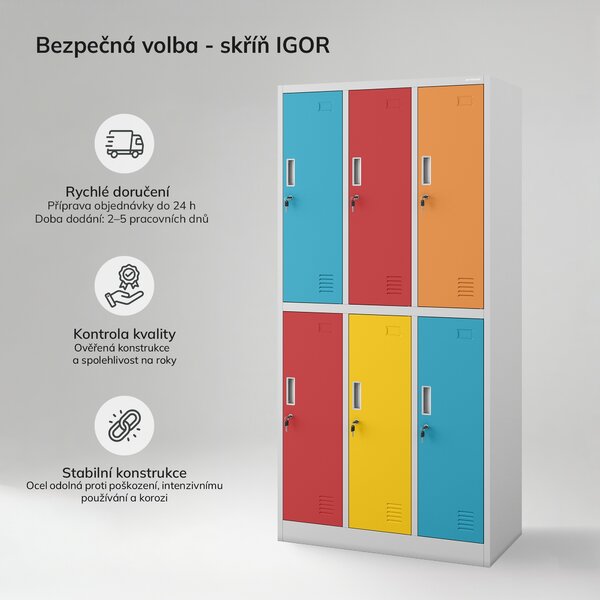 Šatní skříň BHP šedo-vícebarevná, 6dveřová: IGOR, 900 x 1850 x 450 mm
