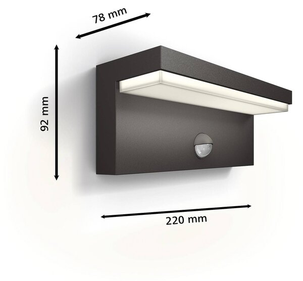 Venkovní nástěnné svítidlo Philips LED Bustan UE, senzor, 2 700 K