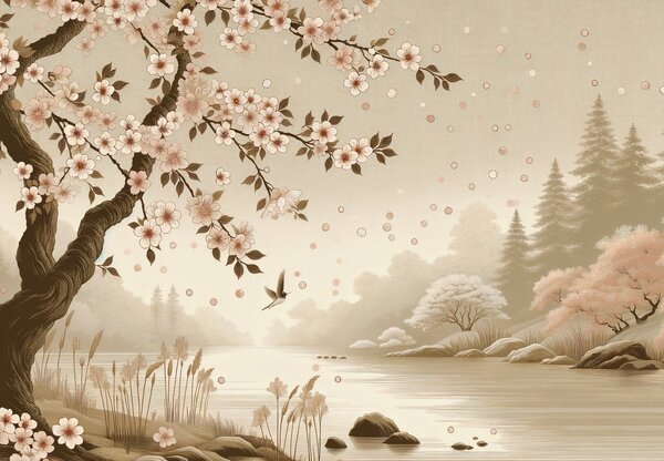 Fototapeta - Sakura u řeky (245x170 cm)