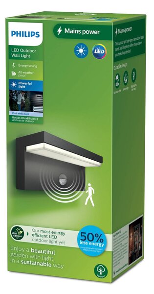 Philips Venkovní nástěnné svítidlo LED Bustan UE, senzor, 4 000 K, Černá, Hliník, Moderní, Nástěnné svítidlo