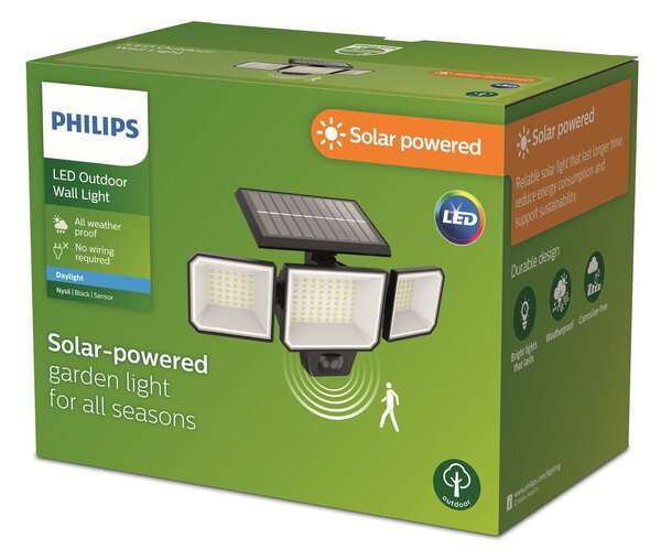 Philips LED solární nástěnné světlo Nysil, 3 žárovky, senzor, Černá, Plast, Moderní