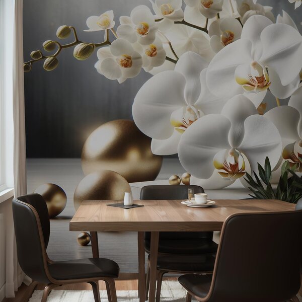 Fototapeta - Orchidej a zlaté koule (245x170 cm)