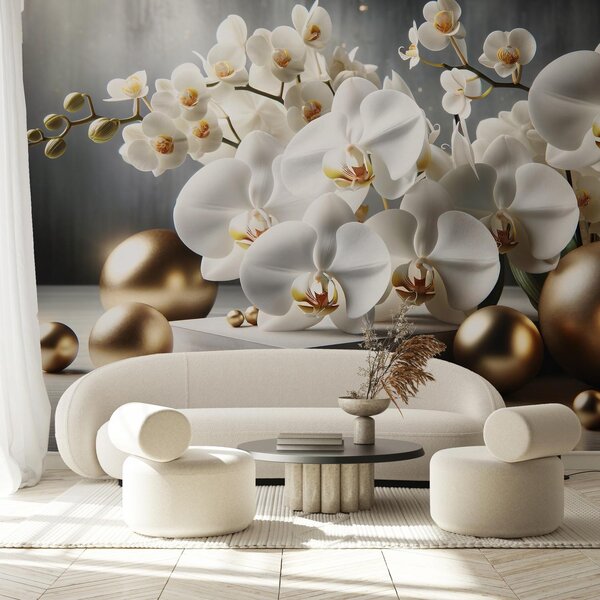 Fototapeta - Orchidej a zlaté koule (245x170 cm)