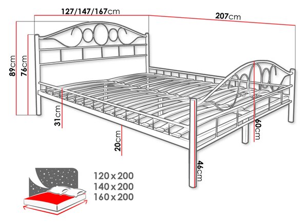 Kovová manželská postel 140x200 TEJANO - černá