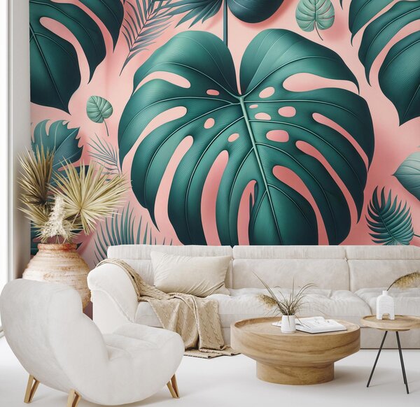 Fototapeta - Monstera na růžovém (245x170 cm)