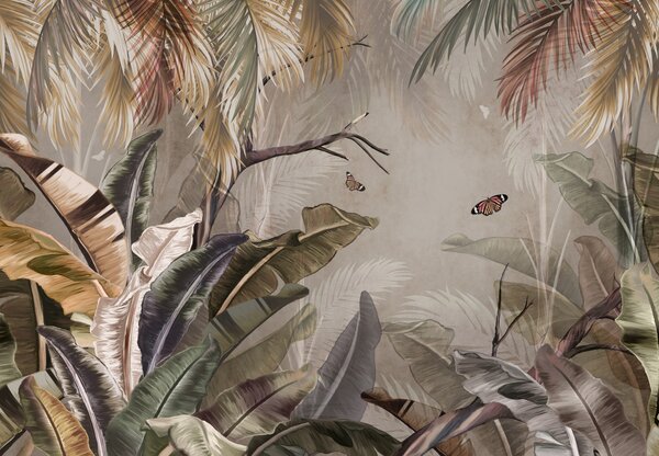 Fototapeta - Jungle na stěně s motýli (245x170 cm)
