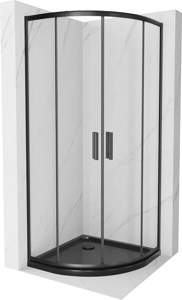 Mexen Rio, čtvrtkruhový sprchový kout s posuvnými dveřmi 90 x 90 cm, 5mm čiré sklo, černý profil + černá sprchová vanička, 863-090-090-70-00-4170B