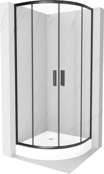 Mexen Rio, čtvrtkruhový sprchový kout s posuvnými dveřmi 80 x 80 cm, 5mm čiré sklo, černý profil + bílá vysoká sprchová vanička Rio, 863-080-080-70-00-4710