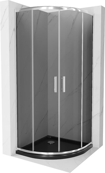 Mexen Rio, čtvrtkruhový sprchový kout s posuvnými dveřmi 90 x 90 cm, 5mm šedé sklo, chromový profil + černá sprchová vanička, 863-090-090-01-30-4170