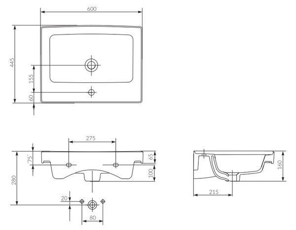 Cersanit Crea, závěsná skříňka s umyvadlem 60cm, set B109, šedá, S801-283